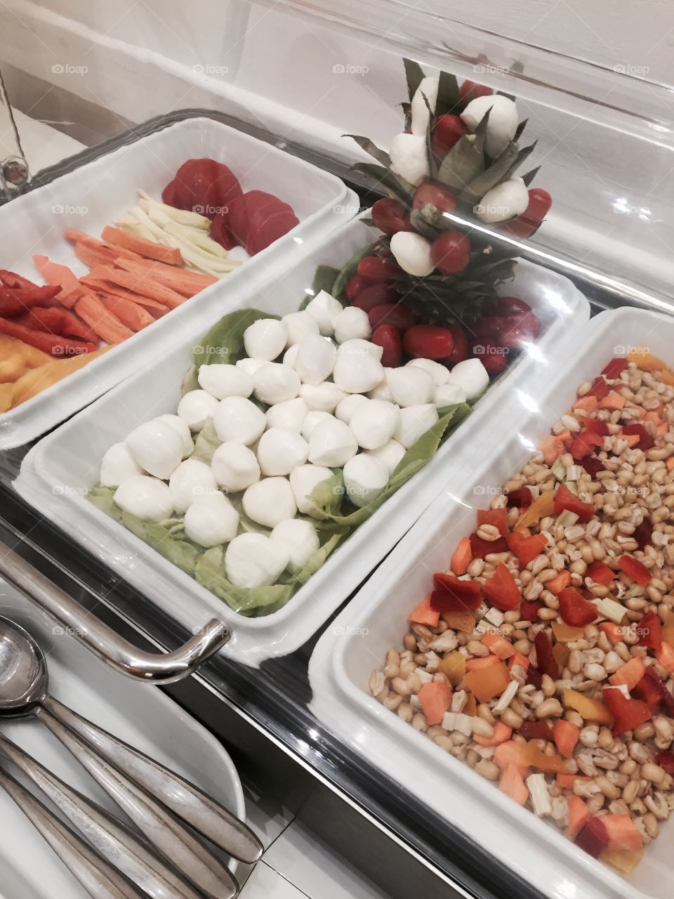 Raw vegetables , mozzarelladi bufala and bean salad