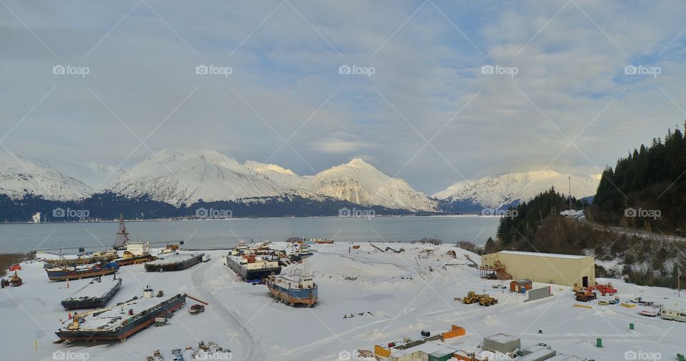 Frozen ships in a shipyard.