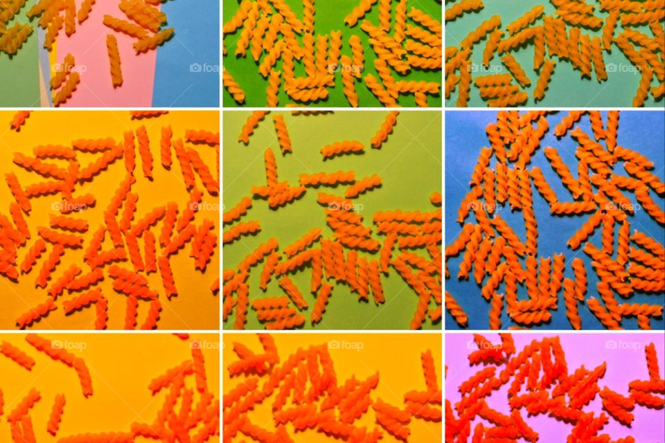 Raw noodles photographed from above on different colored backgrounds, put together to form a collage