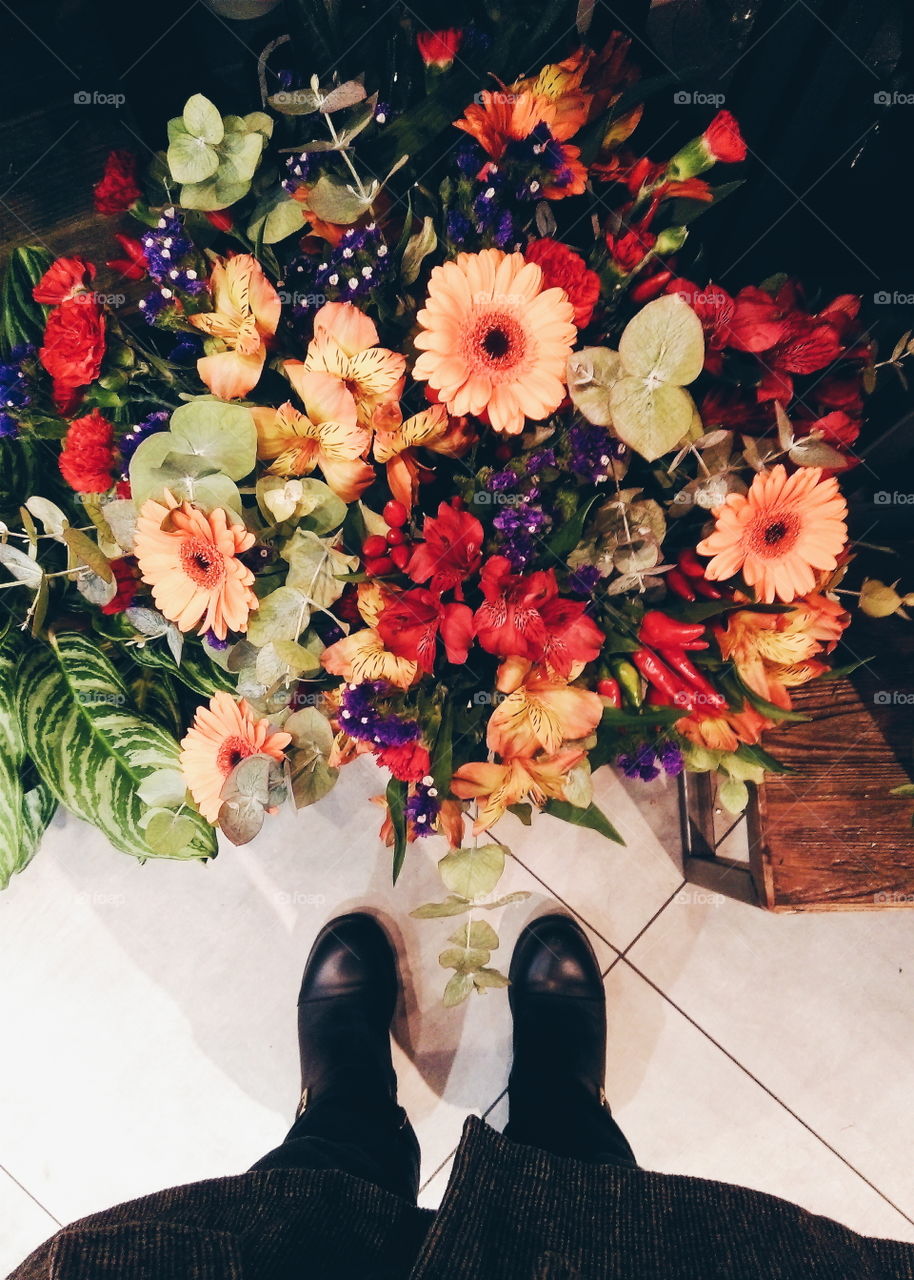 Looking down at colourful bouquet