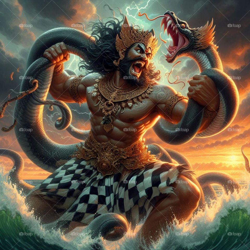 a fierce battle between Bima and a giant snake in the open sea
