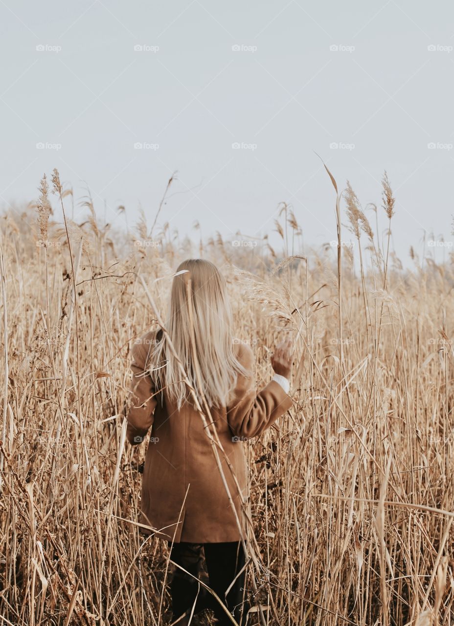 Girl walk in autumn pampas grass field 