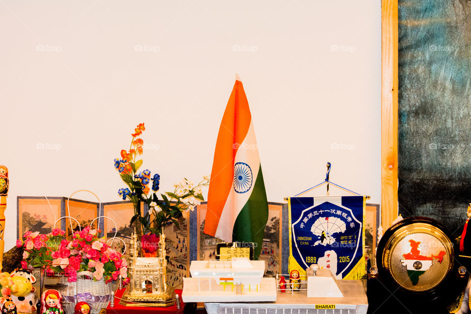 The Indian tricolour . The Indian flag is surrounded with gifts of different nations and cultures depicting the university in diversity . 