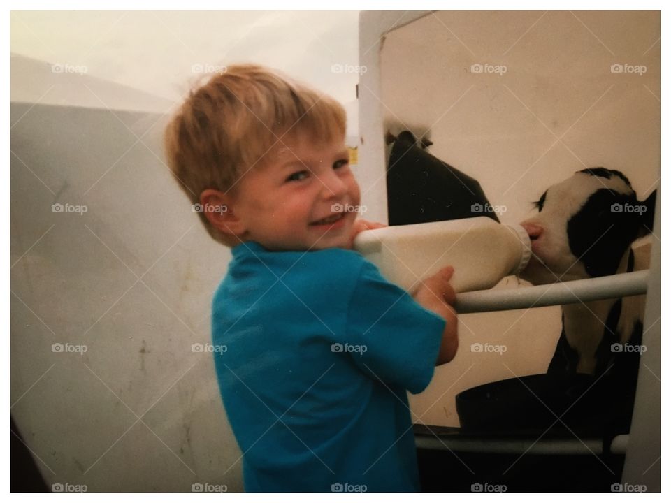 Vintage photo of my son with a big smile onhis face as he holds a bottle of milk to feed a baby calf whilst on holiday on a farm 