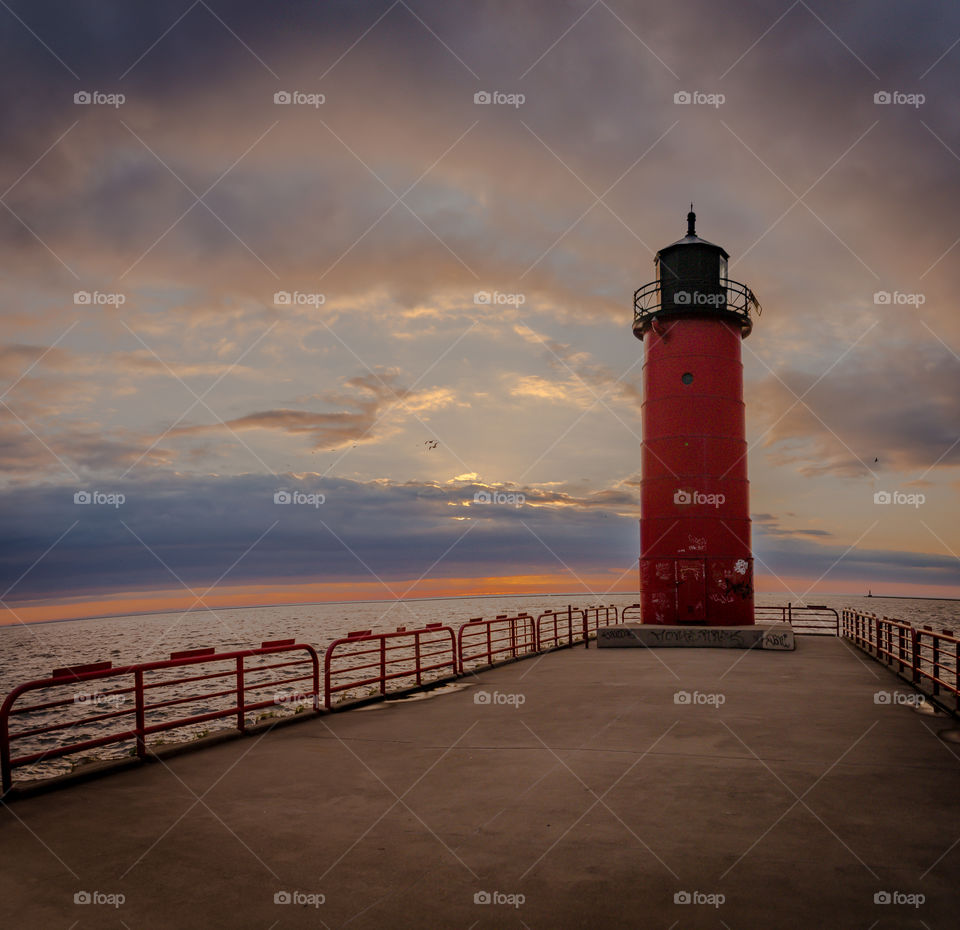 Red lighthouse on Lake Michigan in Milwaukee, Wisconsin
