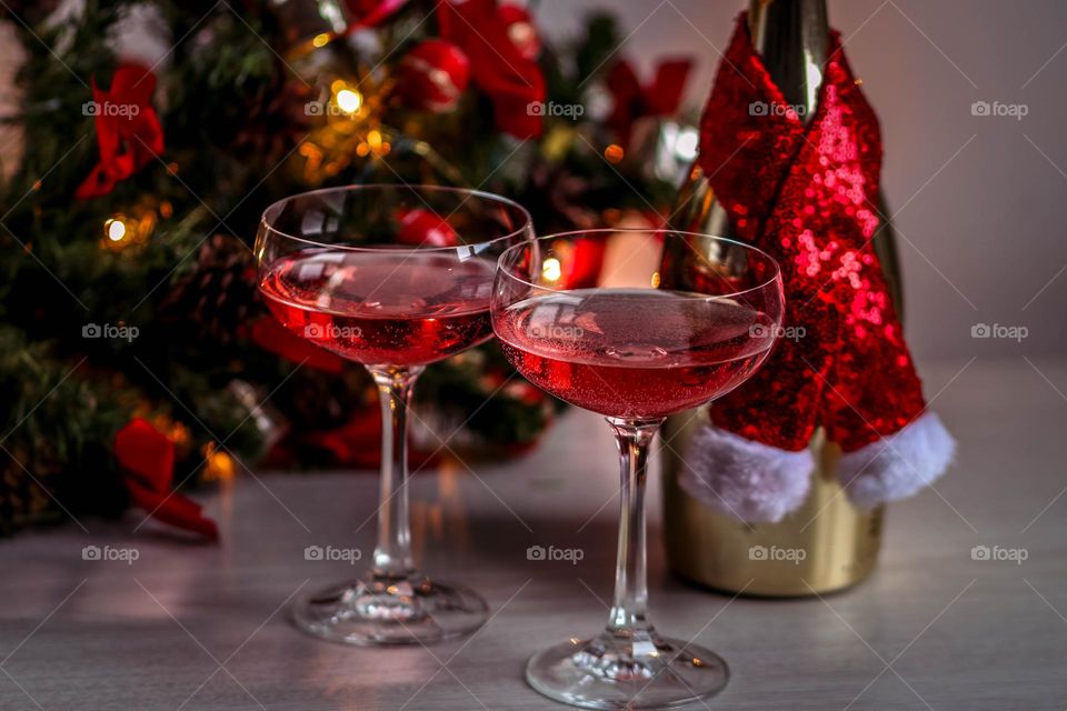 Christmas celebration with pink champagne