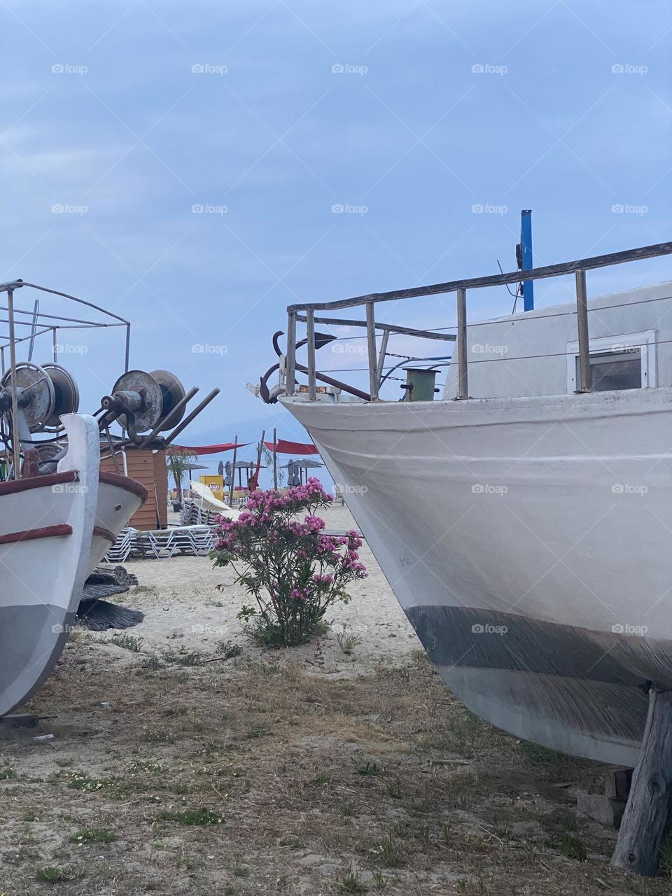 Boats and flowers on the beach 