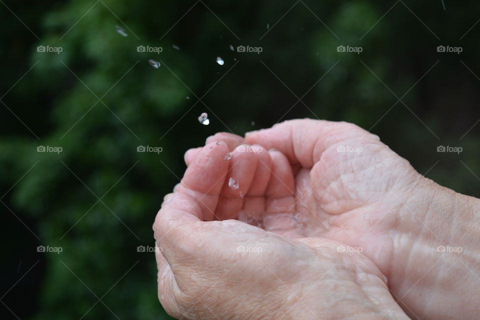 rain water drops in the hands green summer background rainy weather love