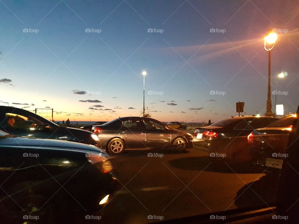 City Street Evening - Sea - Sunset  - Sky - Cars - Light