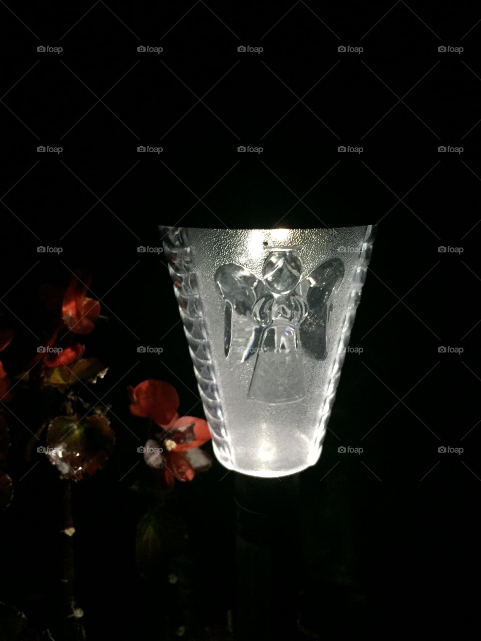 Lighted angel solar light, lighting up a begonia flower.