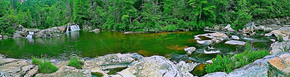 Mountain stream flowing by the forest