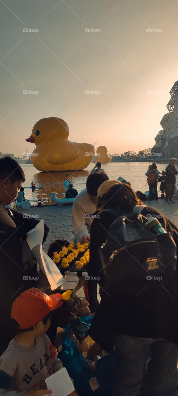 Rubber Duck floating on Love River Bay in Kaohsiung, Taiwan