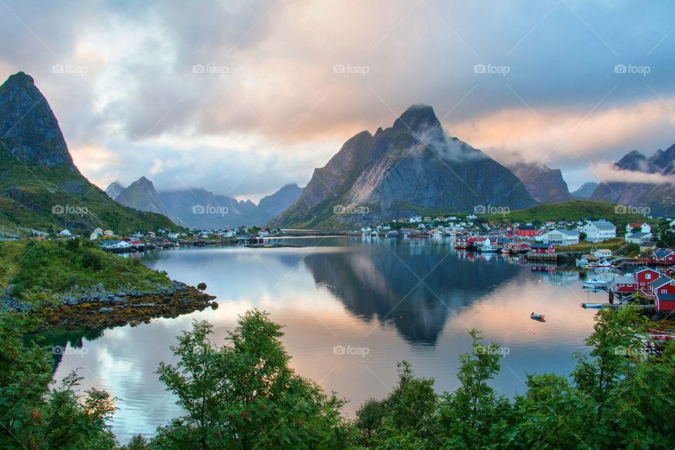 View of village during sunset in Reine, Norway