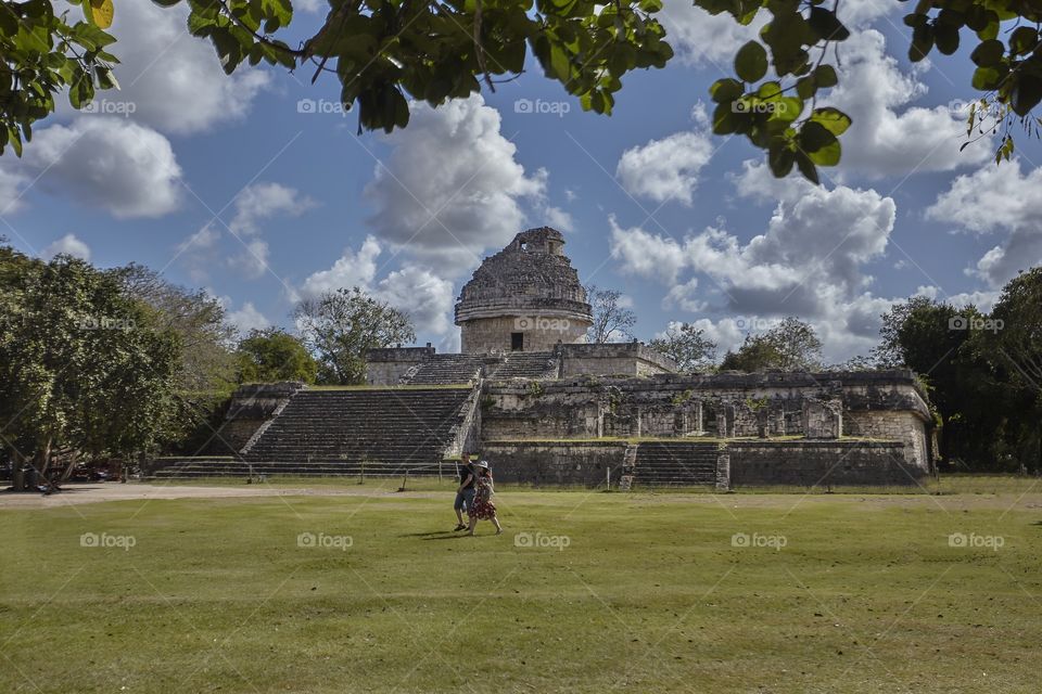 View of the entire astronomical observatory of the Chichen Itza archaeological complex in Mexico