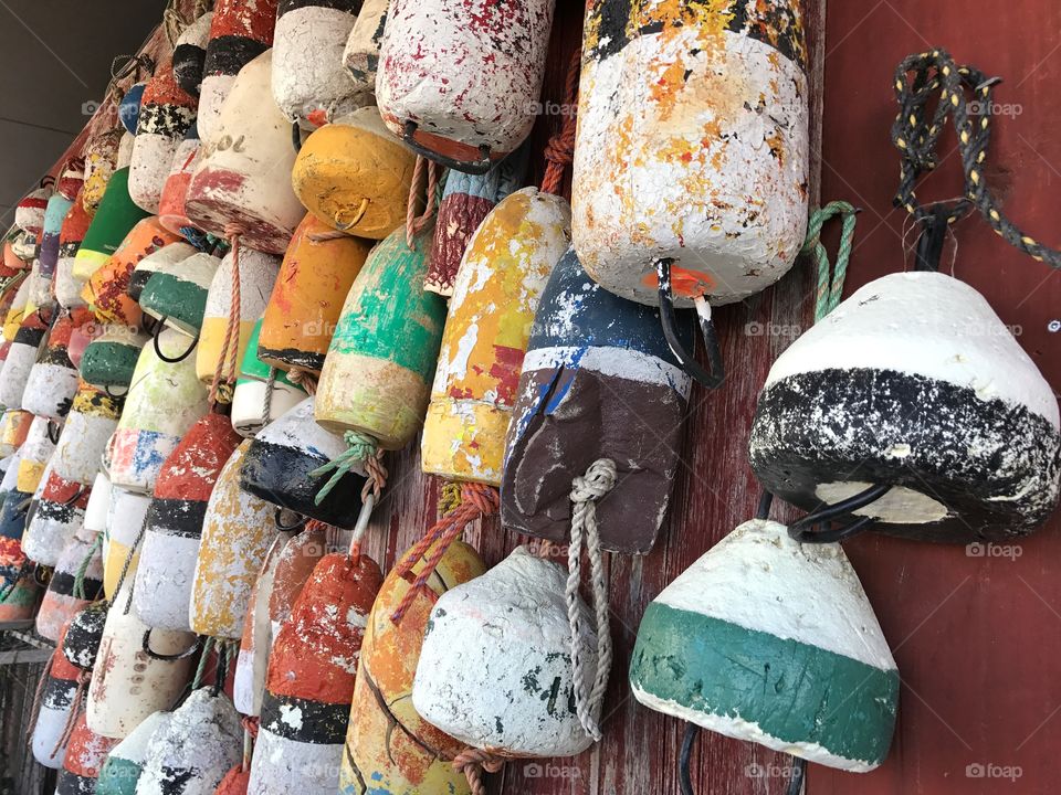 Buoys hanging on wall