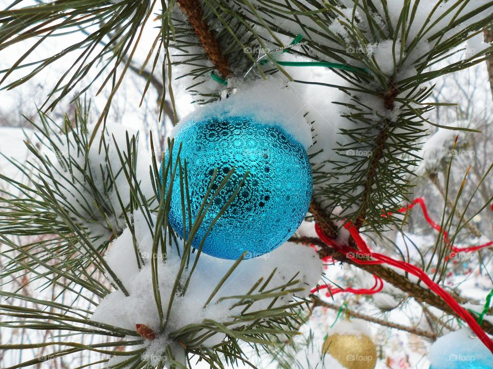 dressed Christmas tree toys in the park, Kiev