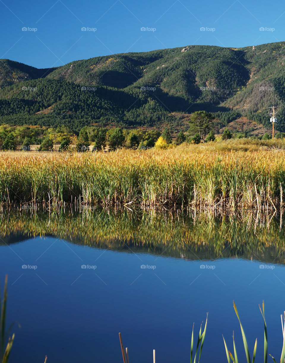 First signs of fall with reflection and mountains