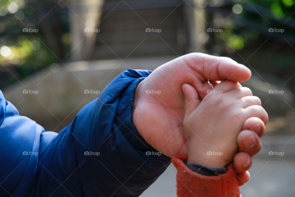 Close-up of father holding child's hand
