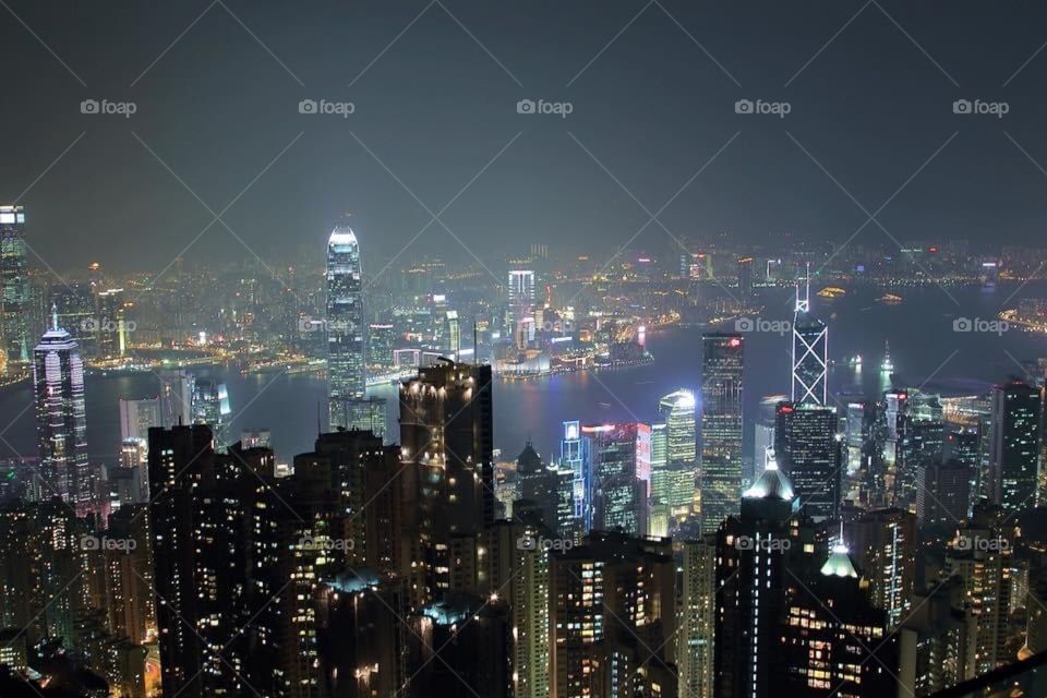 night city, skyscrapers, city lights, industrial landscape, Hong Kong, Victoria Peak, Bay, city from above, beautiful city, cityscape, observation deck