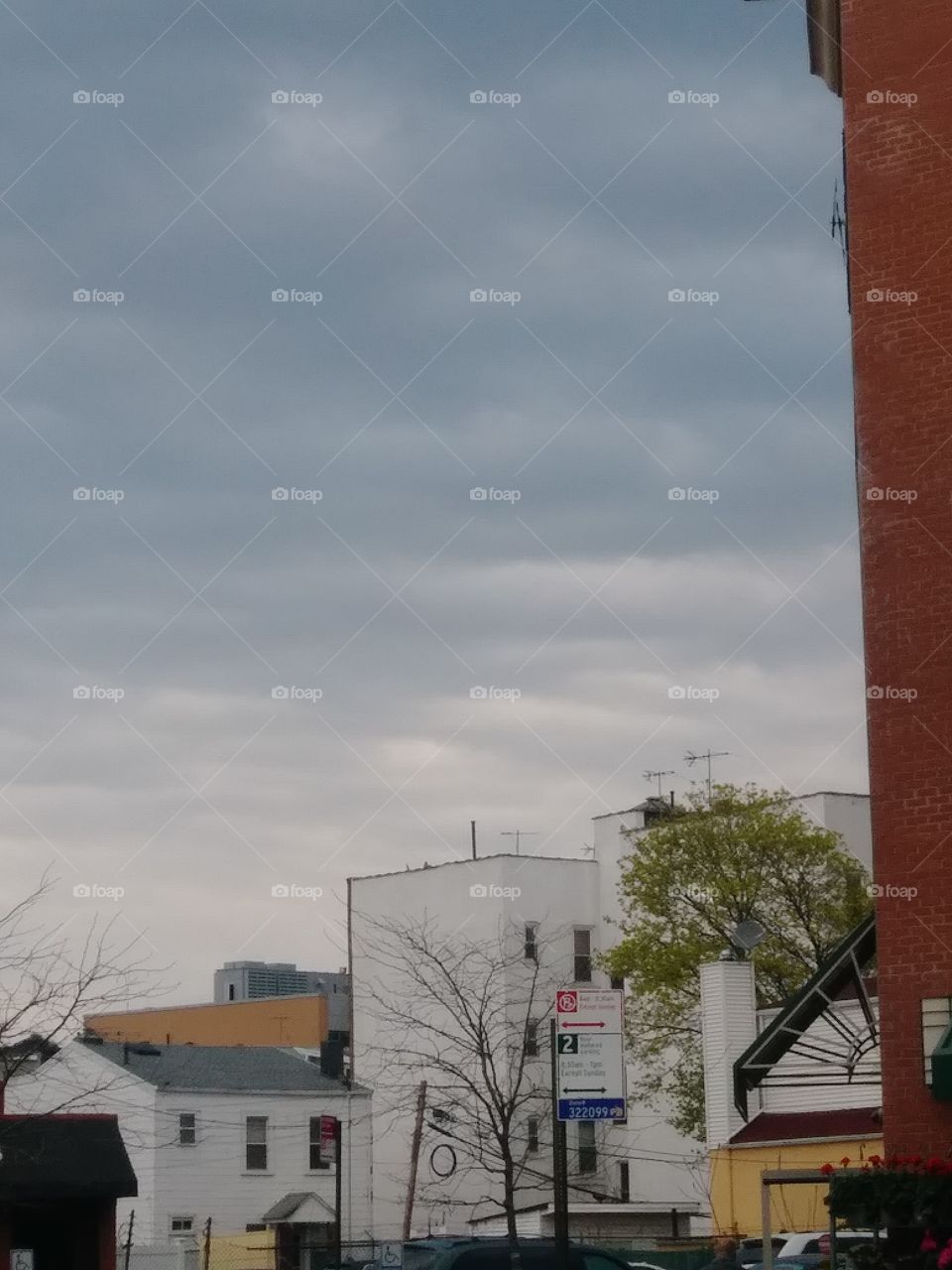 stormy sky. buildings tree in distance
