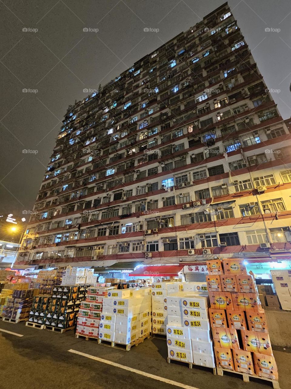 Building at the night fruits wholesale market at Kowloon Hong Kong