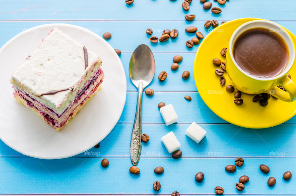 Coffee with cake slice