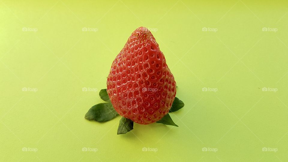 One strawberry on yellow green background 