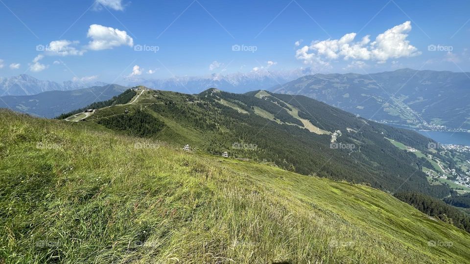 Panoramic landscape view of beautiful mountains at Schmitten Austria, perfect place to go hiking in 