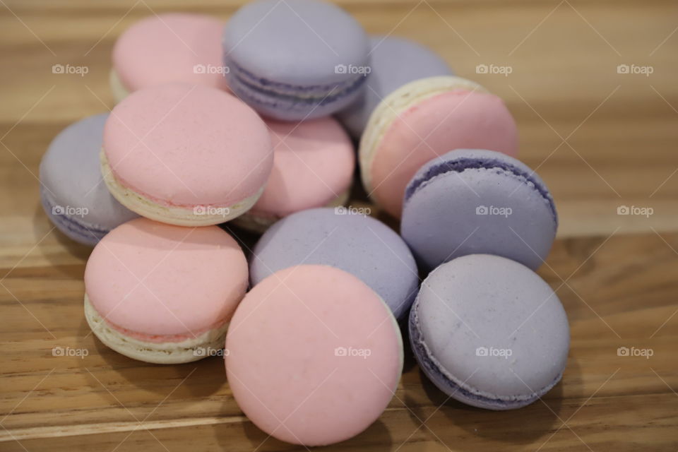 Macaroons on a wooden board 