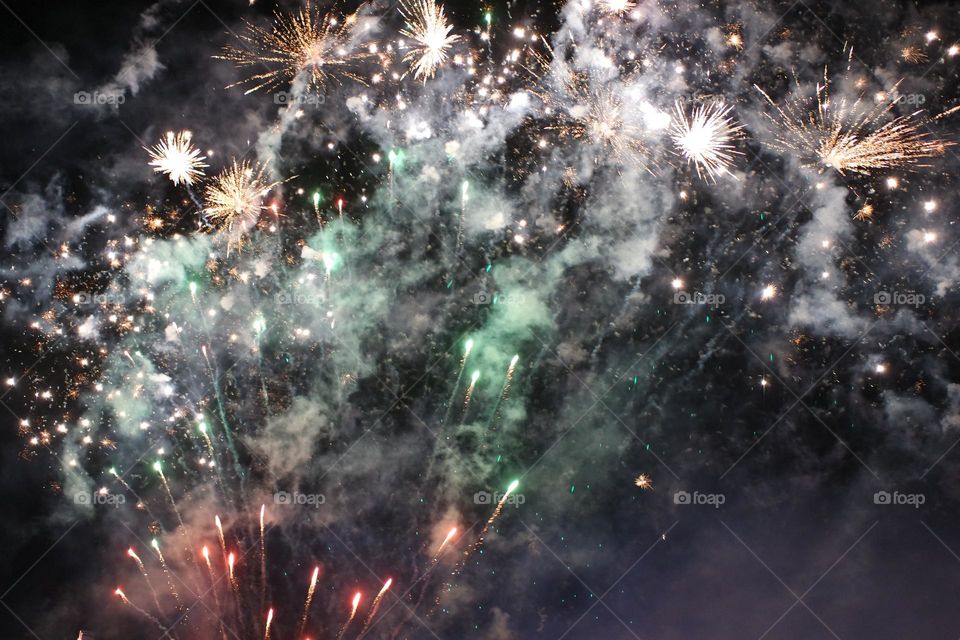 The Smokey remains of a huge fiery explosion of fireworks as the Perth royal show fireworks show commences