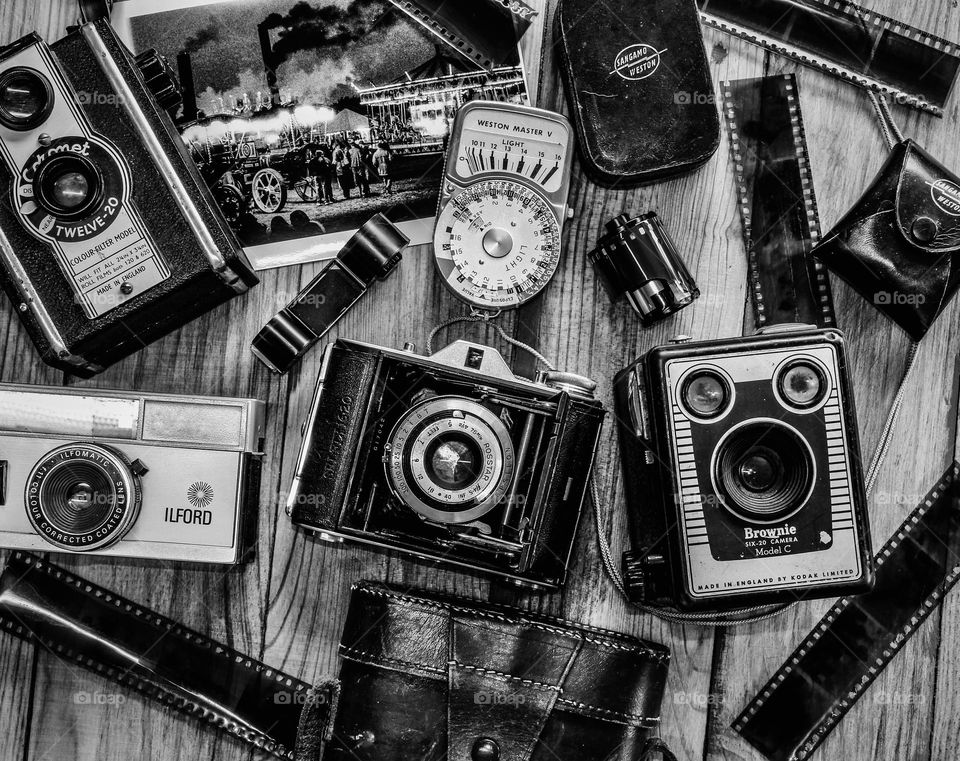 Collection of old analog cameras and accessories 