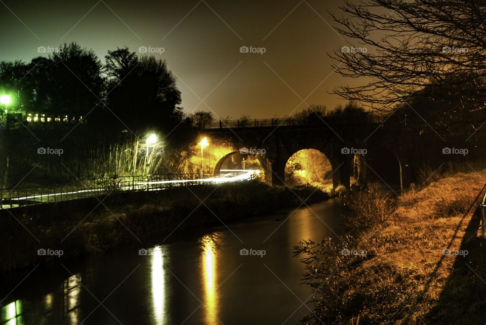 Night shot at the three arches bridge newport south wales. Beautiful reflections if light