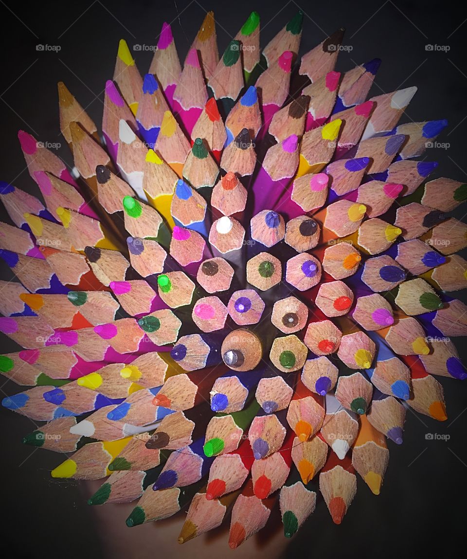 A beautiful swirling bouquet of bright colored pencils. 