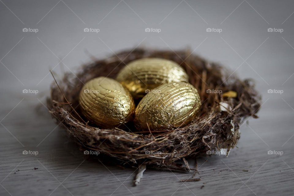 Three golden eggs are glittering in the bird's nest