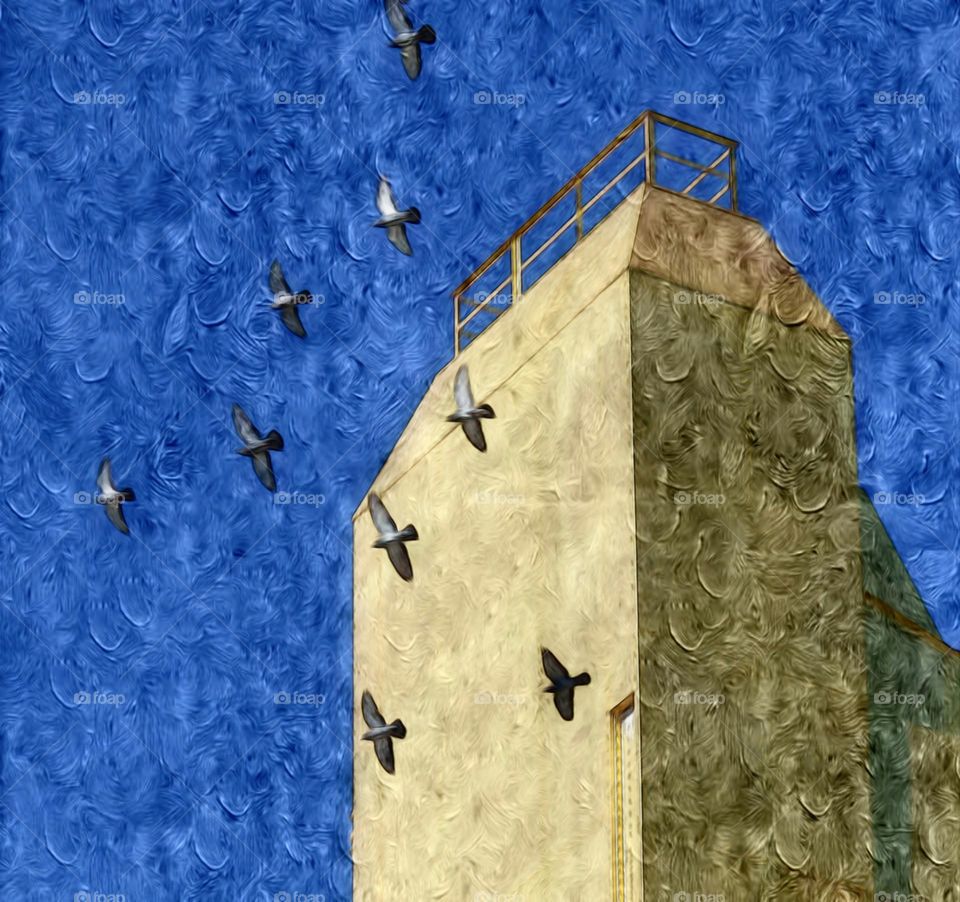 A digital oil painting of birds flying over a golden bridge