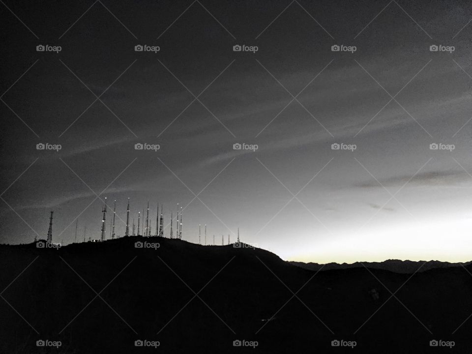 Towers in a black and white evening twilight.