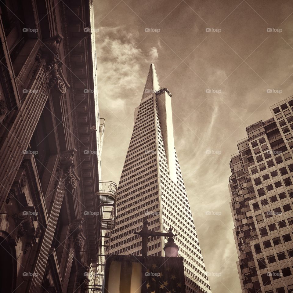 Transamerica pyramid building with a sepia tint