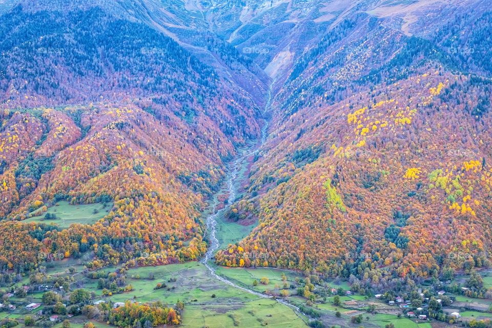 Colorful autumn scene of mountain scape along the way in Georgia 