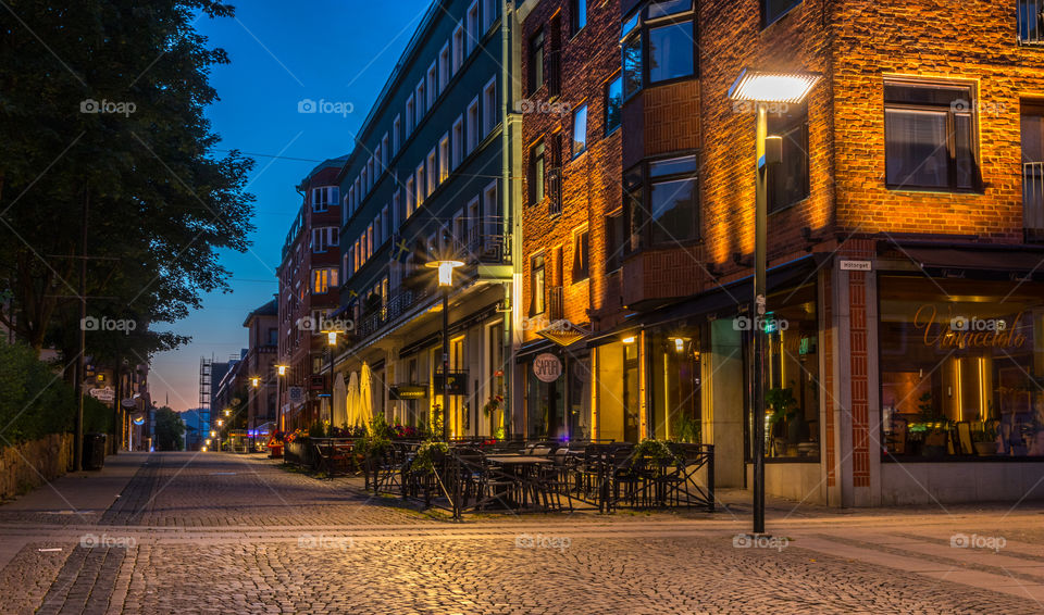 late night long exposure shot of downtown street in the city of Borås Sweden