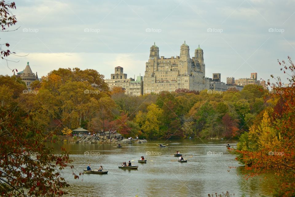 View of lake and buildings in Central Park
