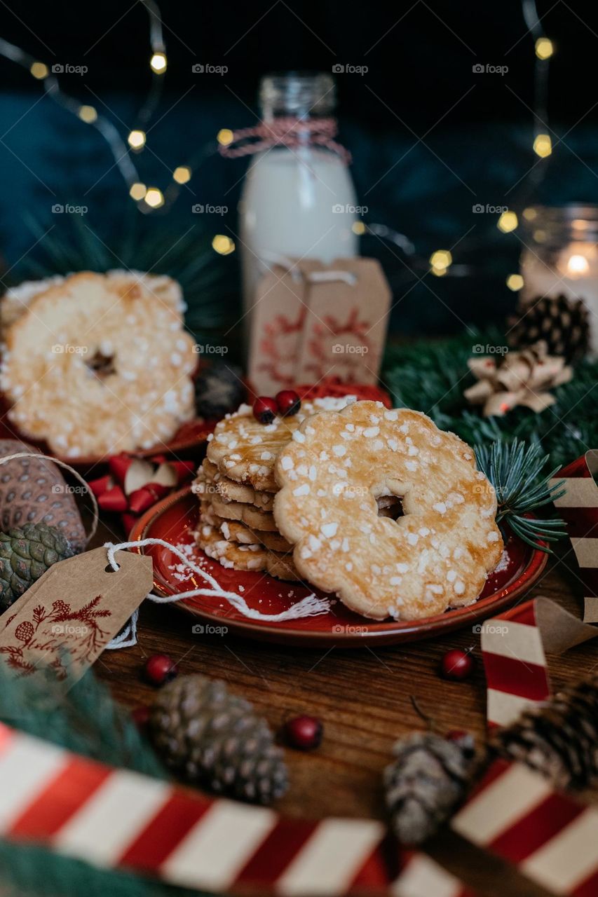 Homemade winter yummy cookies with warm milk.