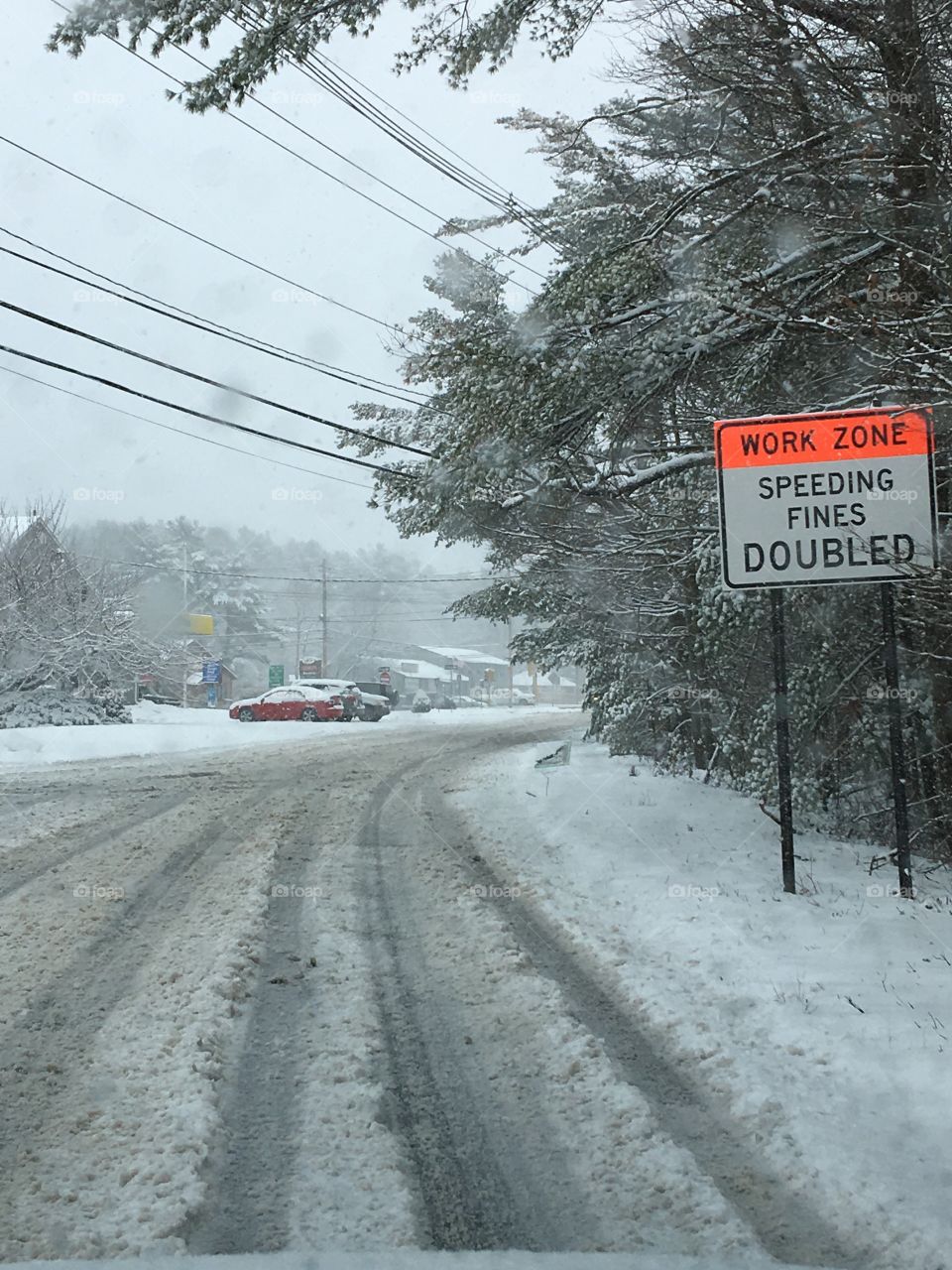 Snowstorm So No Speeding Or Else!
This sign seemed ironic considering the weather conditions and there were no men or any equipment on site working anywhere in the area. Oh well!