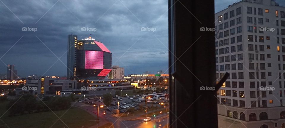 beautiful night light street view, windows magic light, cityscape window view