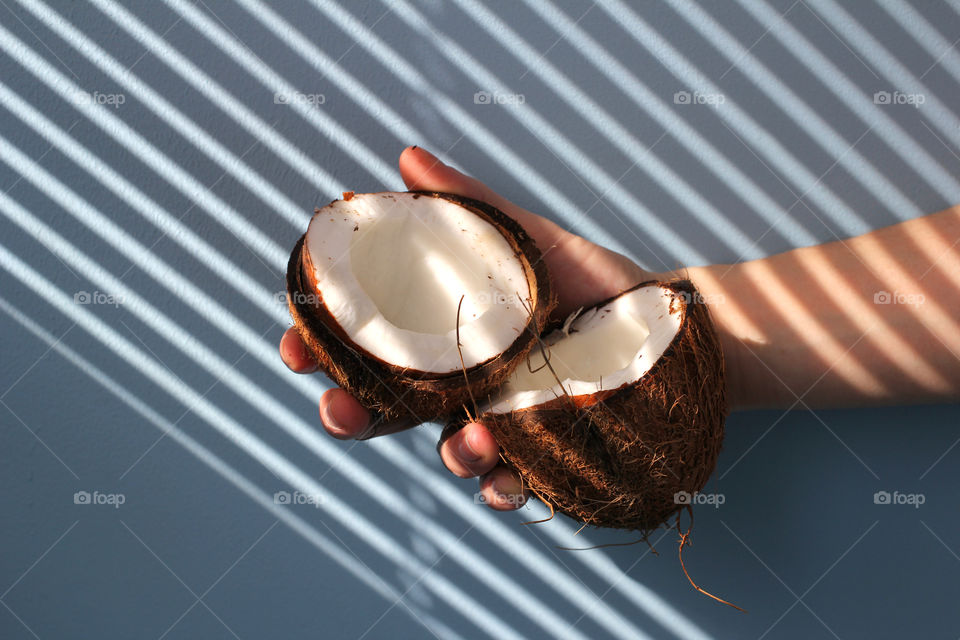 Coconut, fruit, food, hands, still life, abstraction, coconut in hands, cut coconut in hands, whole coconut, broken coconut