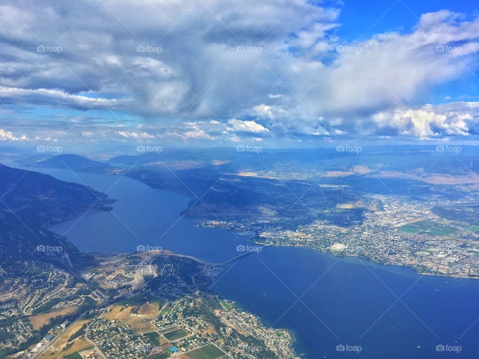 Areal shot of Okanagan Lake with Kelowna and West Kelowna. 