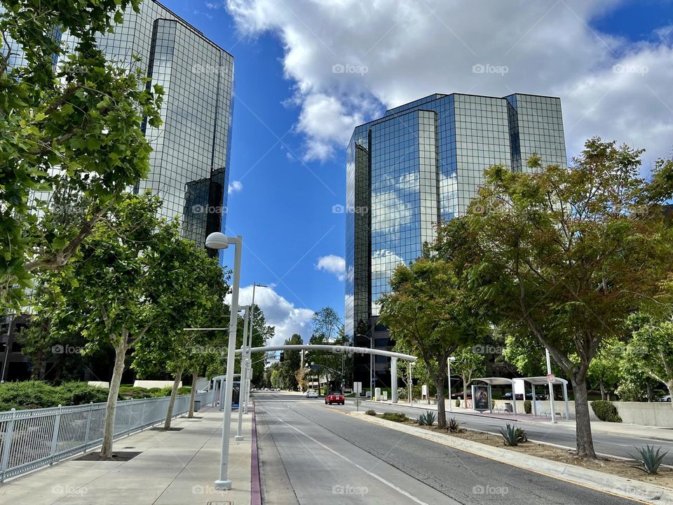 View of the Warner Center Towers while walking along Owensmouth Avenue in Woodland Hills