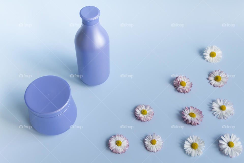 small round daisies laid out in a triangle on a blue background