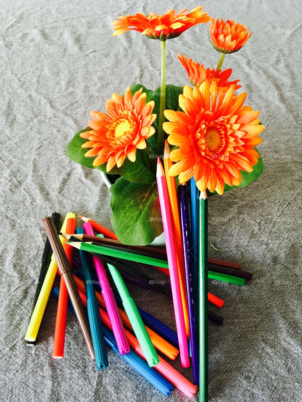 Colorful pencils with flower pot