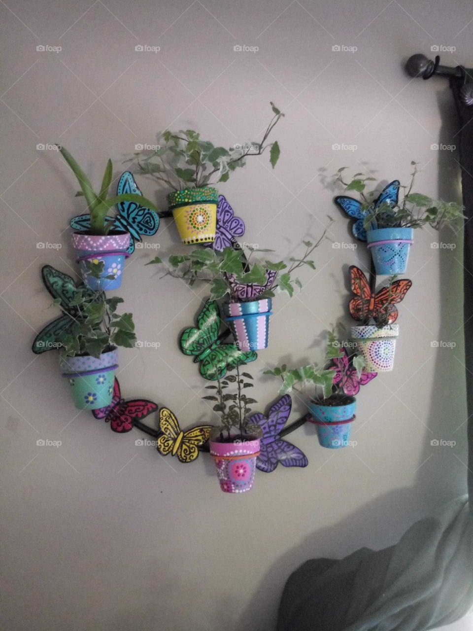 handpainted colorful flower pots on a handpainted wall mount and jubie ivy inside