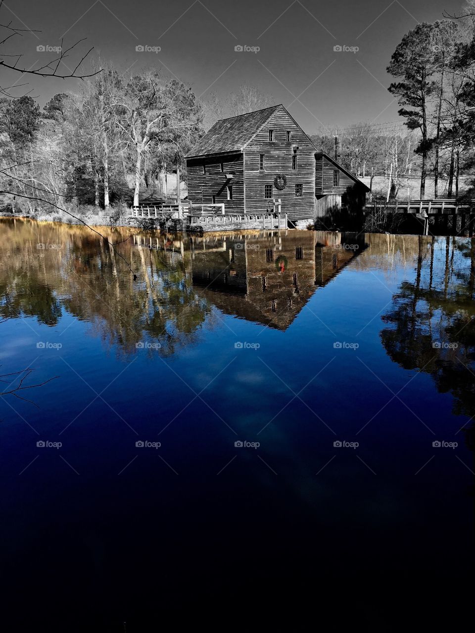 Color pop of Yates Mill during Christmas with the lake with reflections in full color and all else in black and white Raleigh North Carolina. 